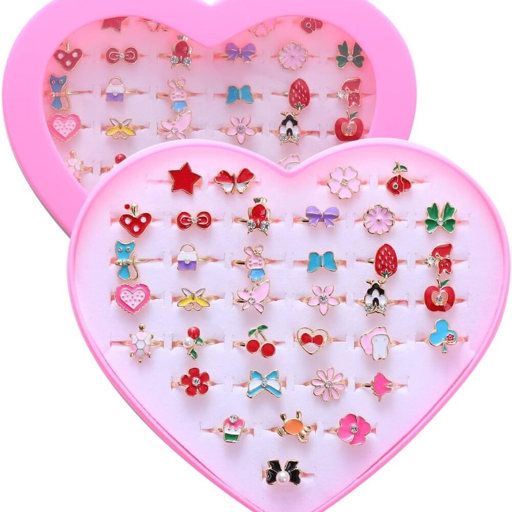 36pcs Little Girl Jewel Rings, Adjustable, No Duplication Kids Play Ring in Box,